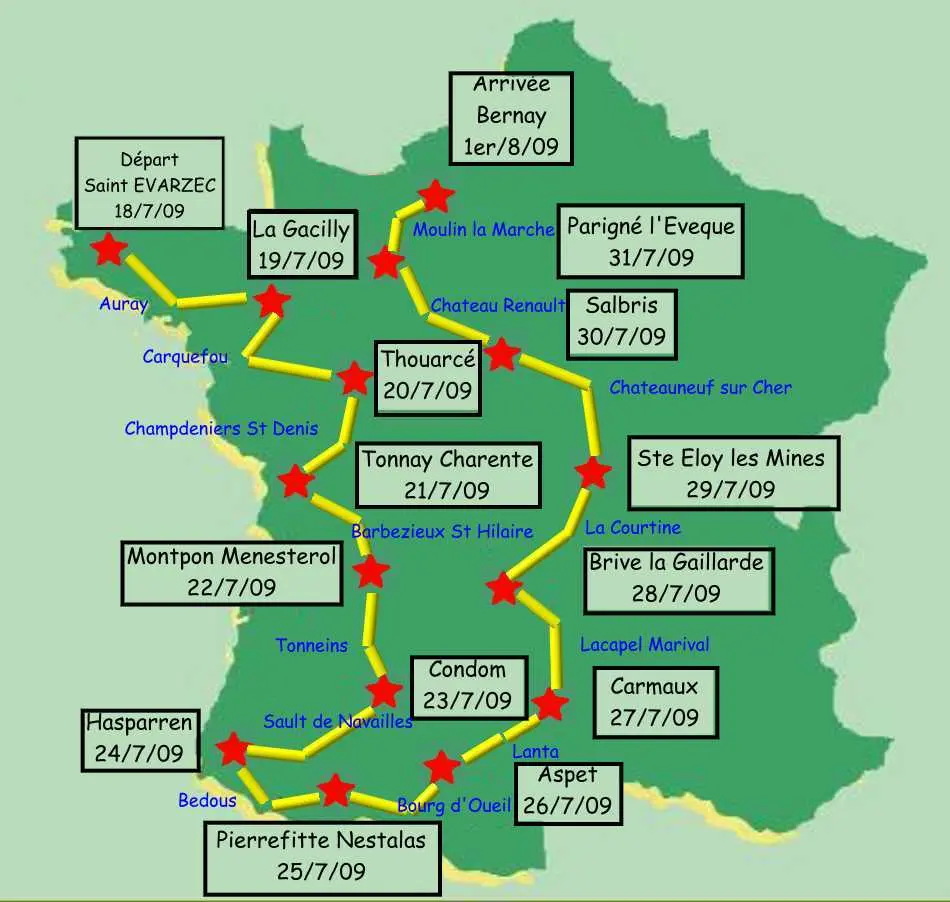 Carte du parcours de la France en courant 2009