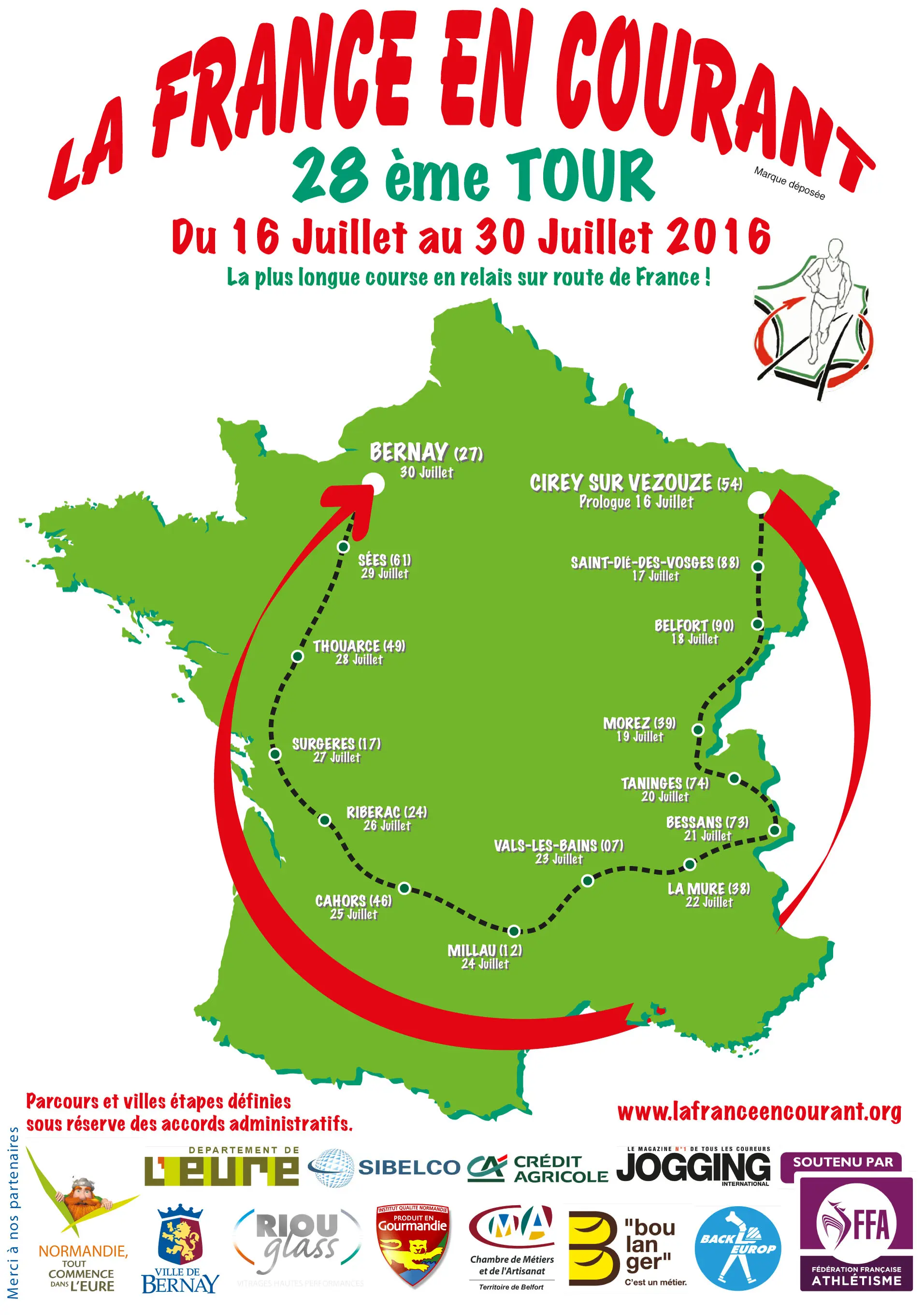 Carte du parcours de la France en courant 2016