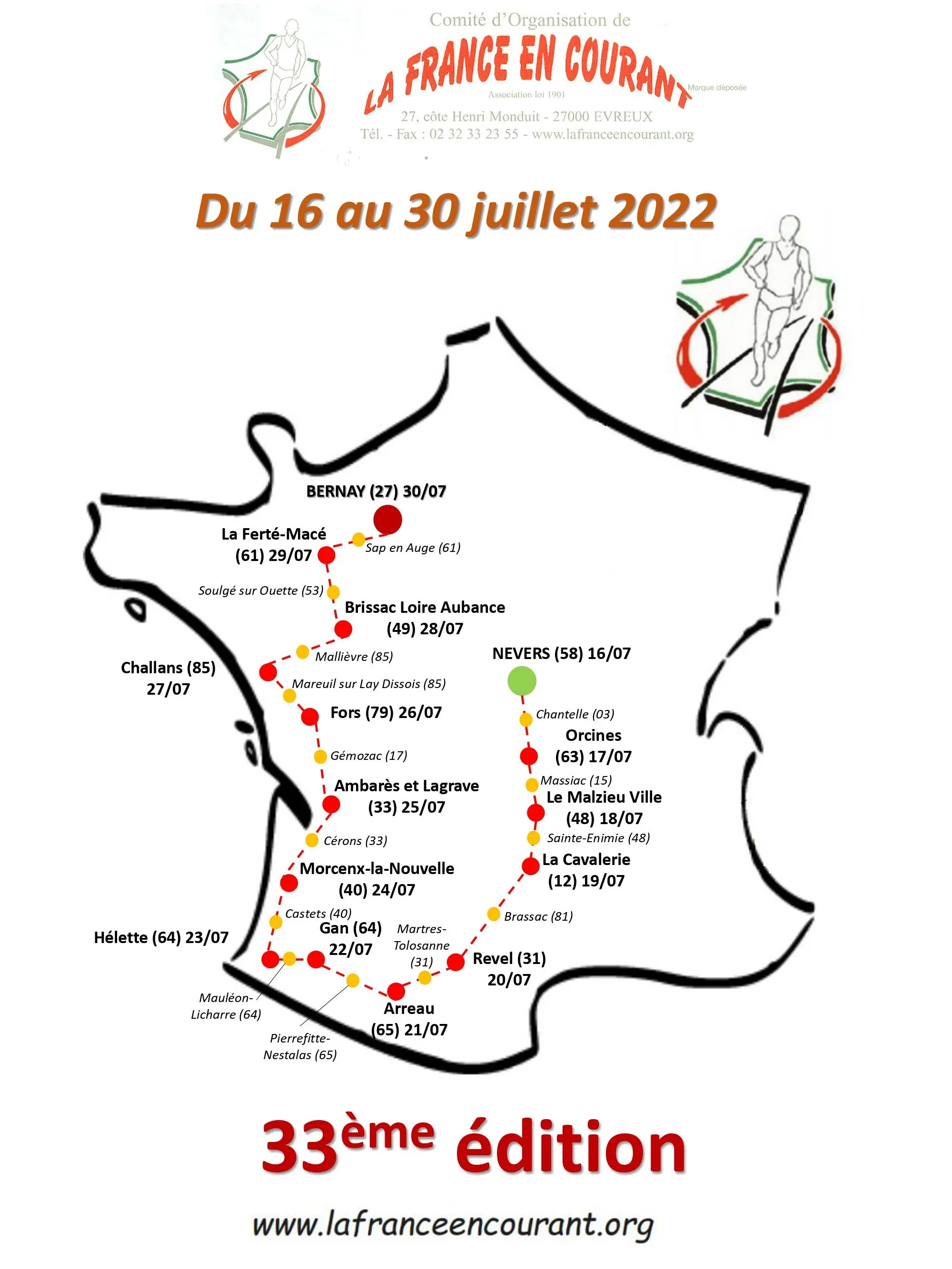 Carte du parcours de la France en courant 2022